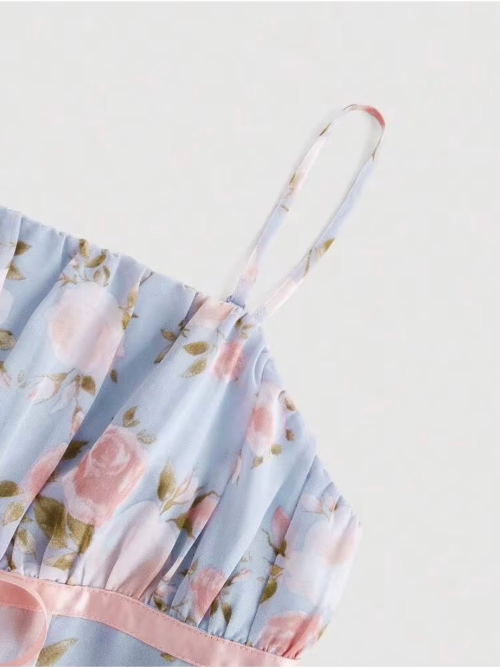 Pastel Blue Floral A-Line Midi Dress with Pink Ribbon - Picture 3 of 4